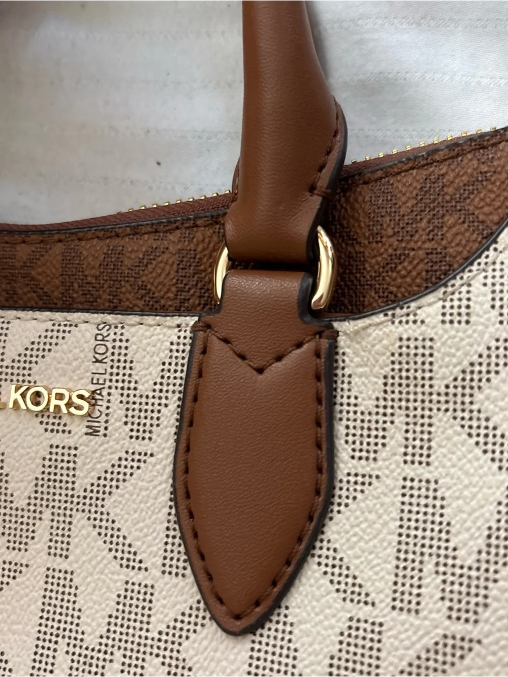 Michael Kors Beige Logo Satchel with Brown Trim and Gold Hardware